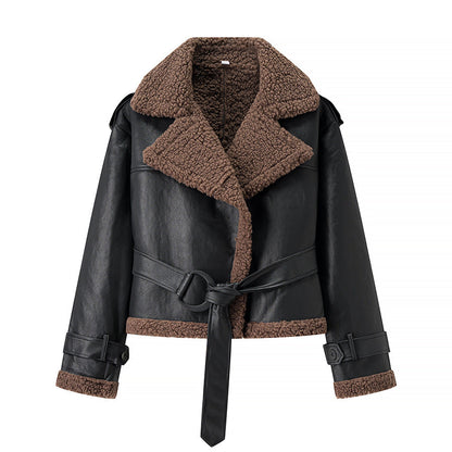Damen Kunstlederjacke Teddyfutter Bindegürtel