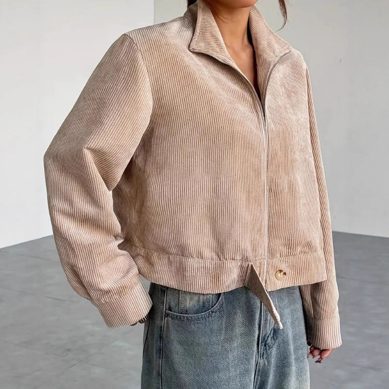 Damen Cordjacke Cropped Reißverschluss Relaxed Fit