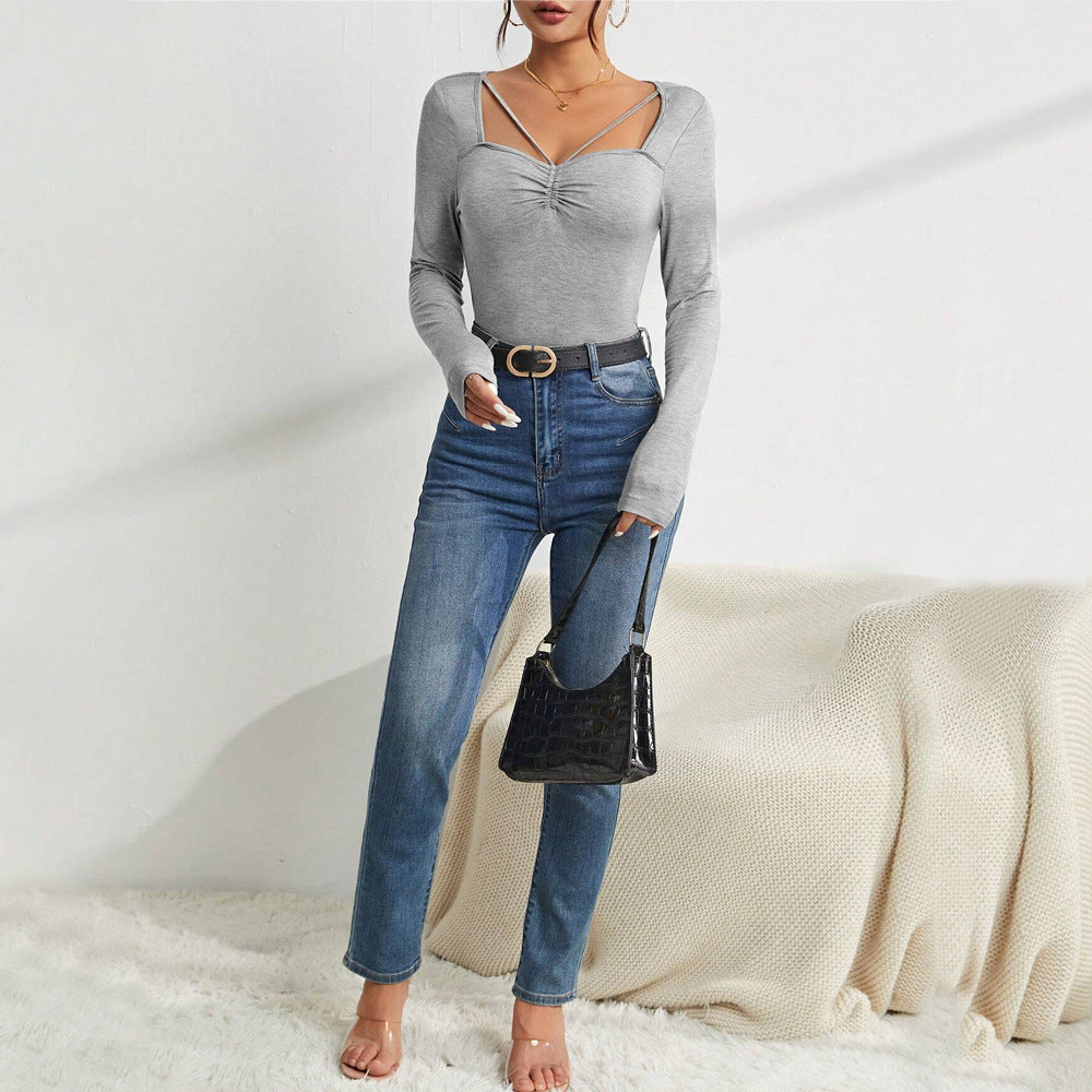 Damen Langarm-Bodysuit V-Ausschnitt Schulterdetails Norvielle