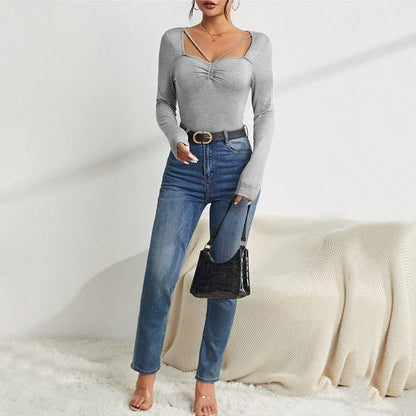 Damen Langarm-Bodysuit V-Ausschnitt Schulterdetails Norvielle