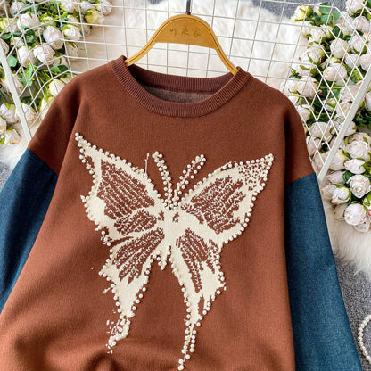 Damen Pullover Schmetterlingsmuster Denim Ärmel