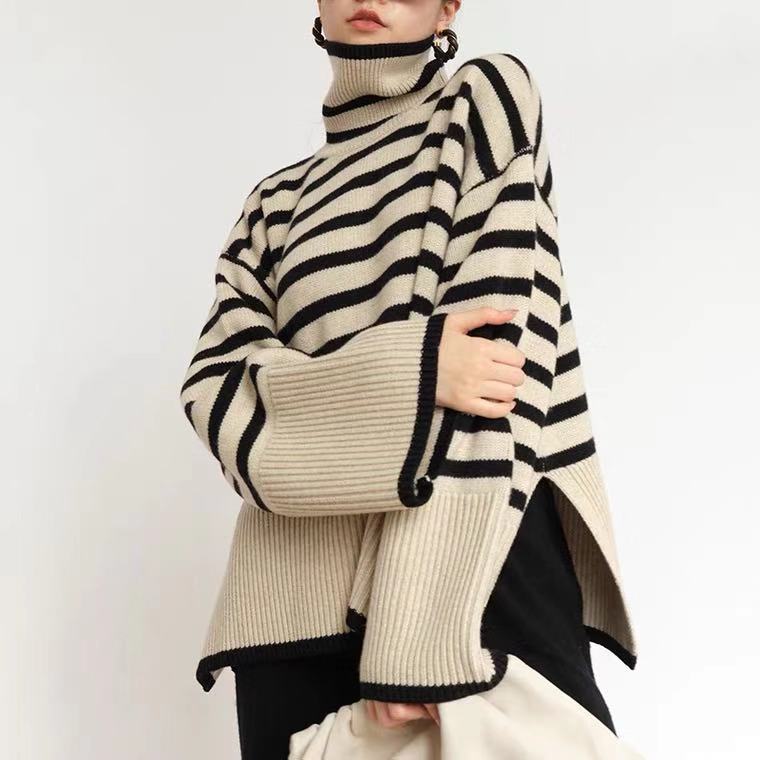 Damen Rollkragenpullover Grobgestrickt Maritimes Streifenmuster Beige - Norvielle