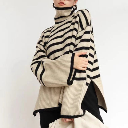 Damen Rollkragenpullover Grobgestrickt Maritimes Streifenmuster Beige - Norvielle