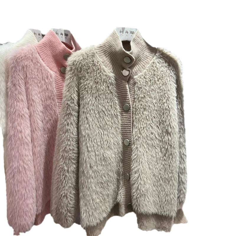 Damen Strickjacke Kuschelig Knopfverschluss Hochkragen Norvielle
