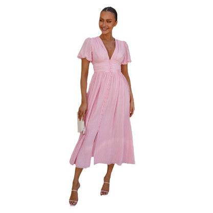 Damen Maxi-Kleid V-Ausschnitt Rüschen Design