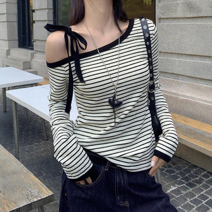 Damen Langarmshirt Schulterfrei Gestreift mit Schleifen Dekor Weiß