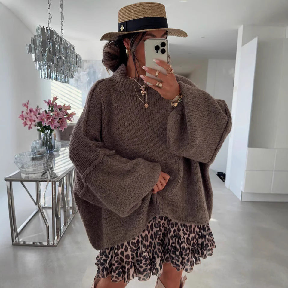 Damen Oversized Strickpullover Hochkragen Ballonärmel