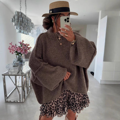 Damen Oversized Strickpullover Hochkragen Ballonärmel