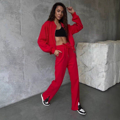 Damen Fleece Jogginganzug Hoher Kragen Eingrifftaschen