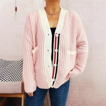 Damen Strickcardigan Streifenmuster mit Taschen und Knöpfen Beige