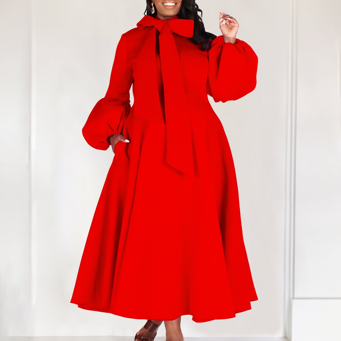 Damen Midi-Kleid Längere Puffärmel Elegante Schleife