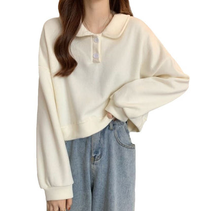 Damen Sweatshirt Kurzarm mit Kragen und Knöpfen Norvielle