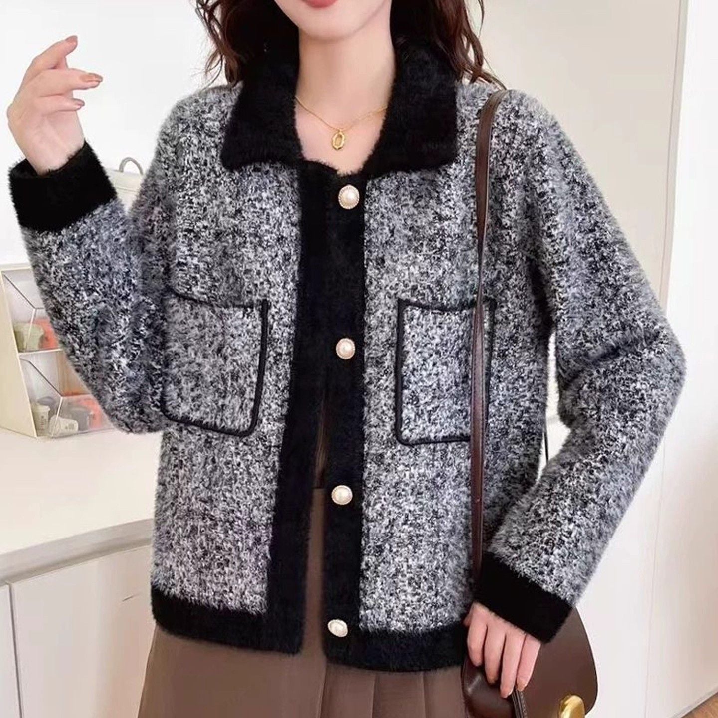 Damen Jacke Kuschelig Kontrasttaschen Norvielle