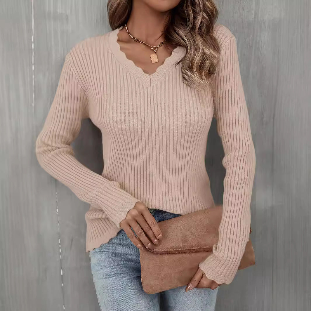 Damen Rippenpullover V-Ausschnitt Wellenkante Norvielle