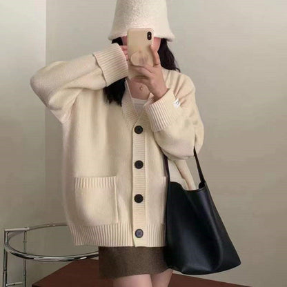 Damen Oversized Cardigan Große Taschen Knöpfe Beige