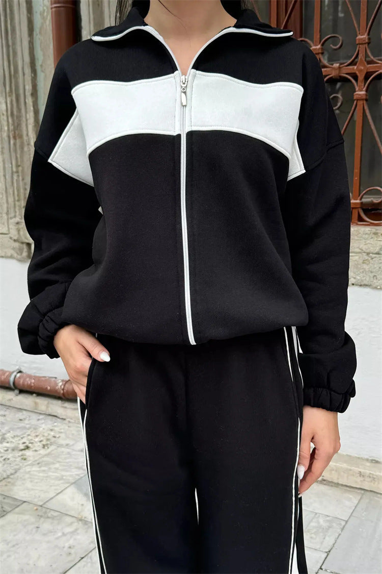 Damen Sportliches Freizeitset Mit Hochem Kragen Seitenstreifen