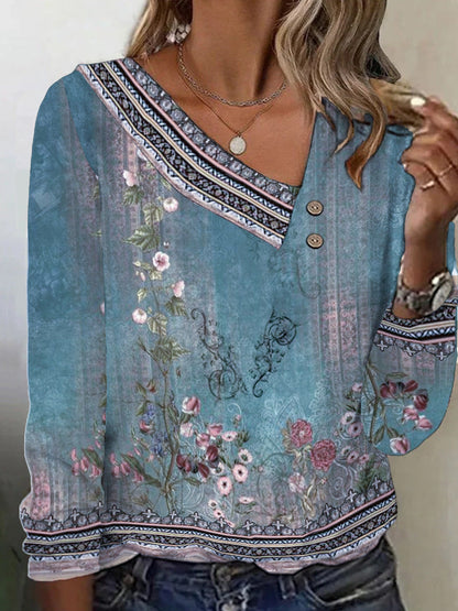 Damen Bluse Floralmuster V-Ausschnitt Bluse Norvielle