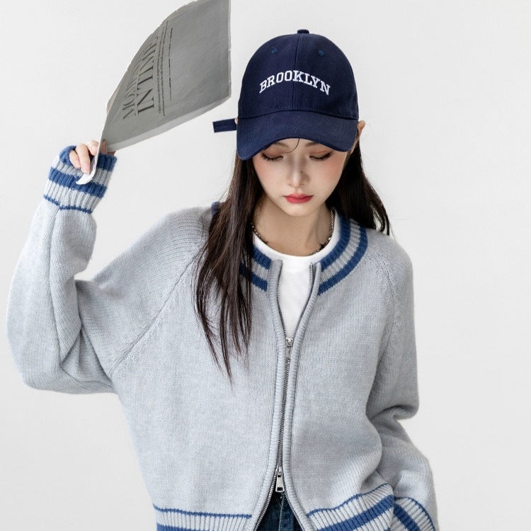 Damen Strickcardigan Reißverschluss Sportliches Streifenmuster
