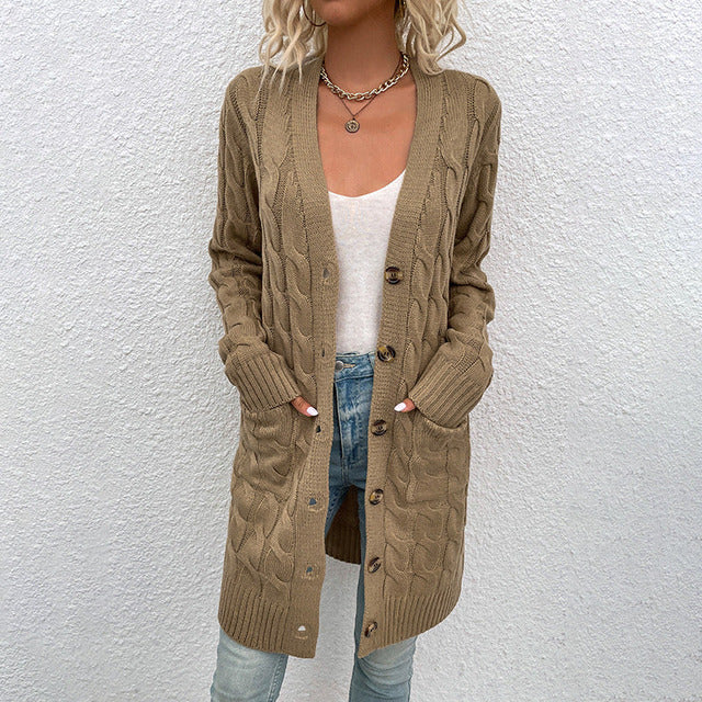 Damen Langcardigan Strick mit Knöpfen und Taschen