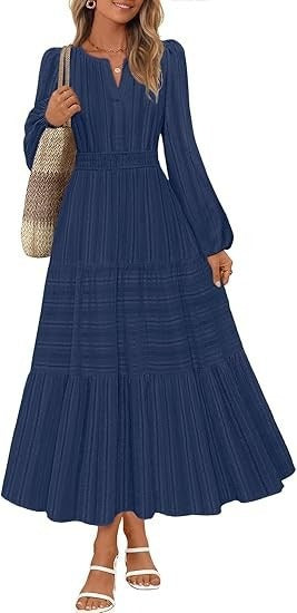 Damen Maxikleid mit Puffärmeln und Smoktaillen Norvielle
