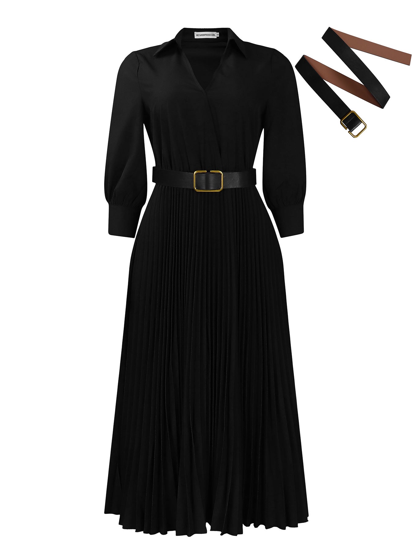 Damen Maxi-Kleid Plissee mit Taillengürtel und Knopfkragen