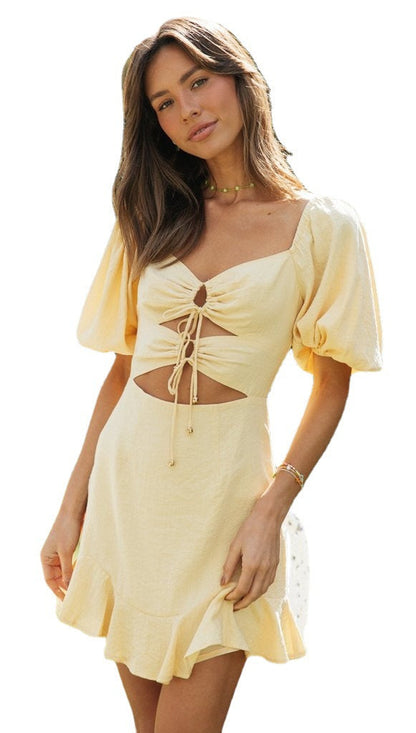 Damen Minikleid Rüschensaum Schnürdetail