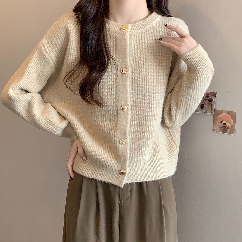 Damen Strickjacke Kuschelig Strukturmuster Knöpfe Beige