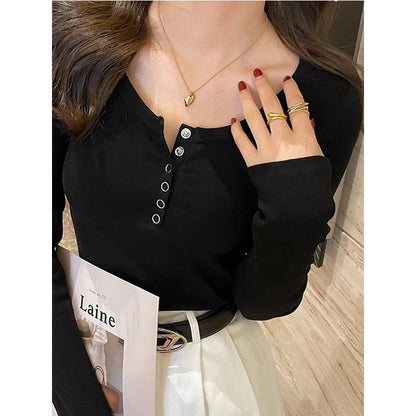Damen Langarmshirt Knopfleiste Rippstruktur Weiß