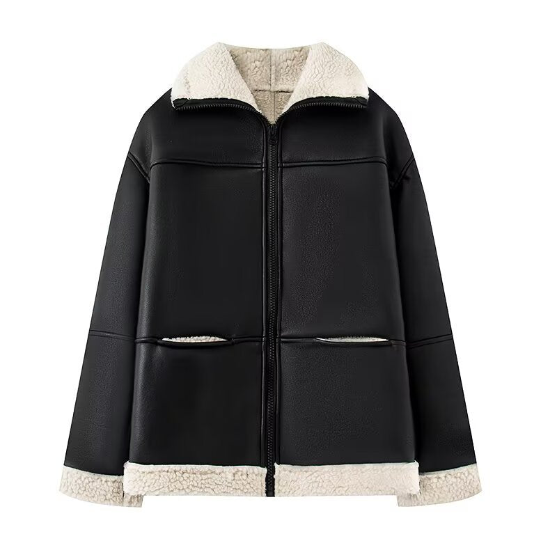 Damen Kunstlederjacke Teddyfutter Warm Schwarz - Norvielle
