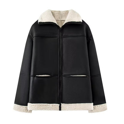 Damen Kunstlederjacke Teddyfutter Warm Schwarz - Norvielle