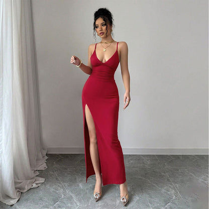 Damen Maxikleid V-Ausschnitt Hochschlitz Norvielle