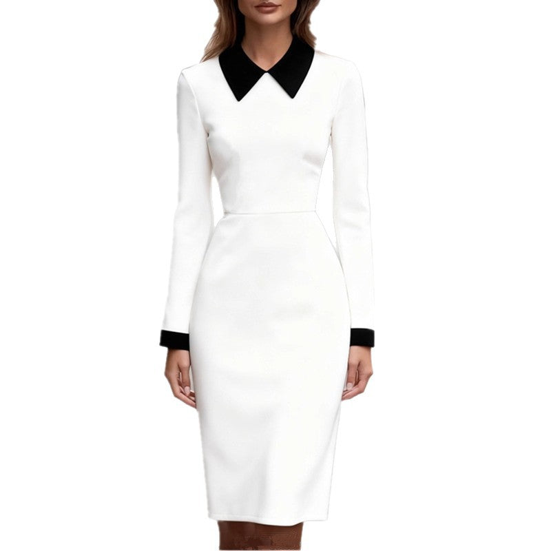 Damen Kleid Figurbetont Kontrastkragen Langer Ärmel