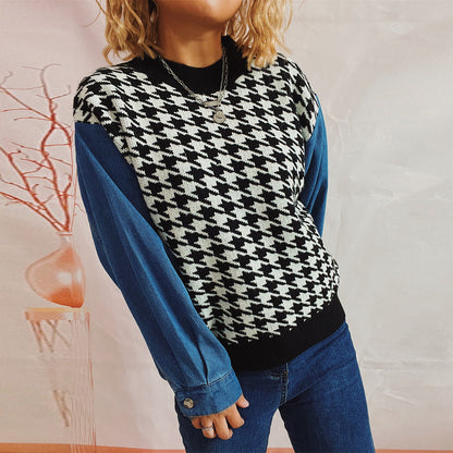 Damen Pullover Hahnentrittmuster Denim Ärmel
