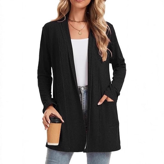 Damen Langarm-Cardigan Offene Front Taschen Norvielle