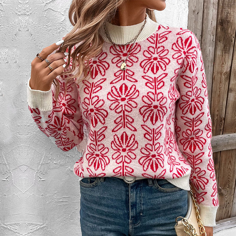 Damen Strickpullover Floralmuster Stehkragen Norvielle
