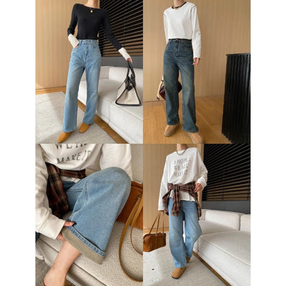 Damen Highwaist Jeans Weites Bein Lässiger Schnitt