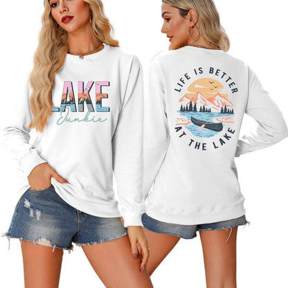 Damen Langarmshirt Lake-Motiv Leicht Lässig Weiß