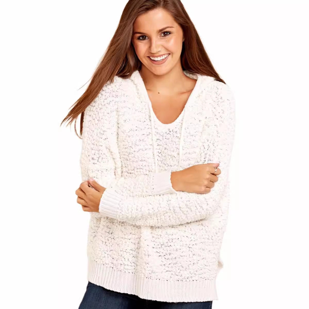 Damen Strickpullover Kapuze Luftiger Strick Norvielle Beige