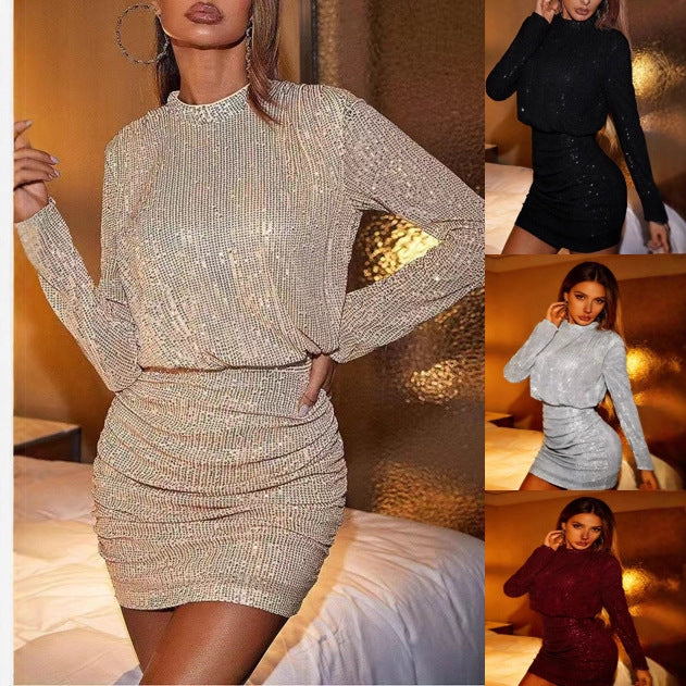 Damen Kurzkleid Glitzernd Langärmlig Schwarz - Norvielle