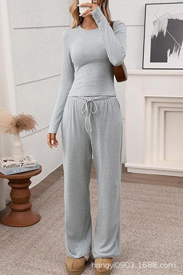 Damen Longsleeve Freizeit-Set Weites Norvielle Oberteil und Hose