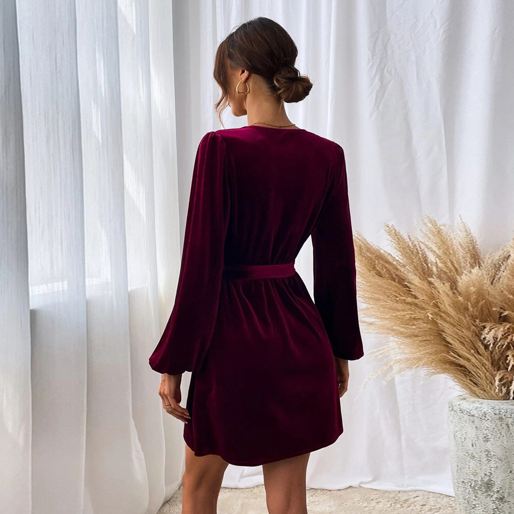 Damen Samtkleid V-Ausschnitt Taillengürtel Norvielle