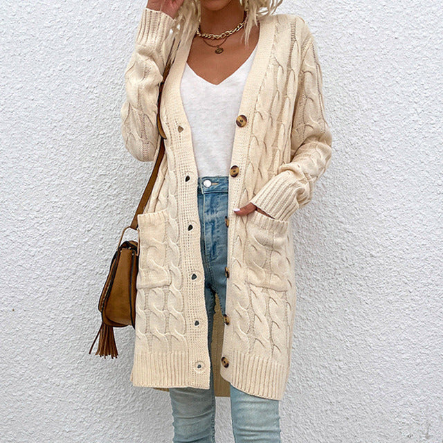 Damen Langcardigan Strick mit Knöpfen und Taschen - Norvielle
