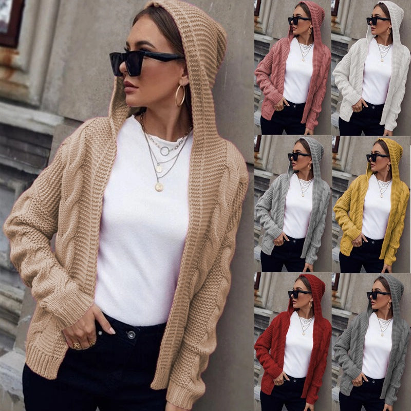 Damen Grobstrick-Cardigan mit Kapuze und Zopfmuster - Norvielle