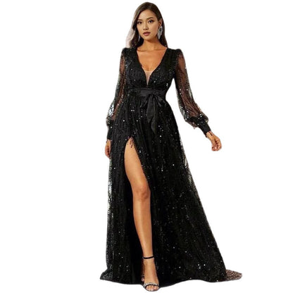 Damen Abendkleid Glitzernd V-Ausschnitt Seitenschlitz Norvielle