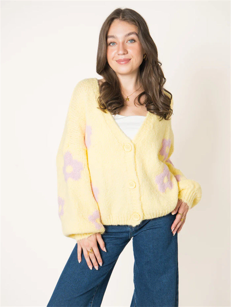 Damen Strickjacke Florales Muster Voluminöse Ärmel