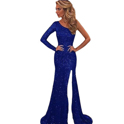 Damen Abendkleid Glitzer Asymmetrisch Hoch Beinschlitz