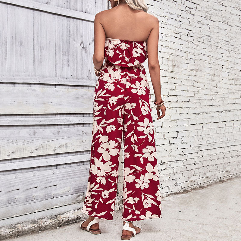 Damen Jumpsuit Florales Rüschenoberteil Weites Bein