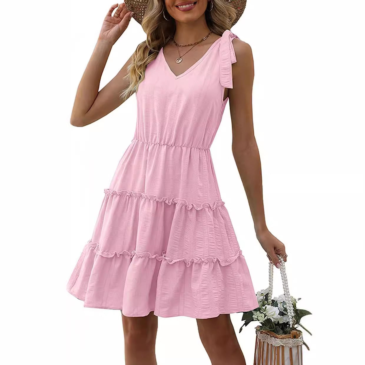 Damen Ärmelloses Sommerkleid Rüschen V-Ausschnitt Norvielle - Norvielle