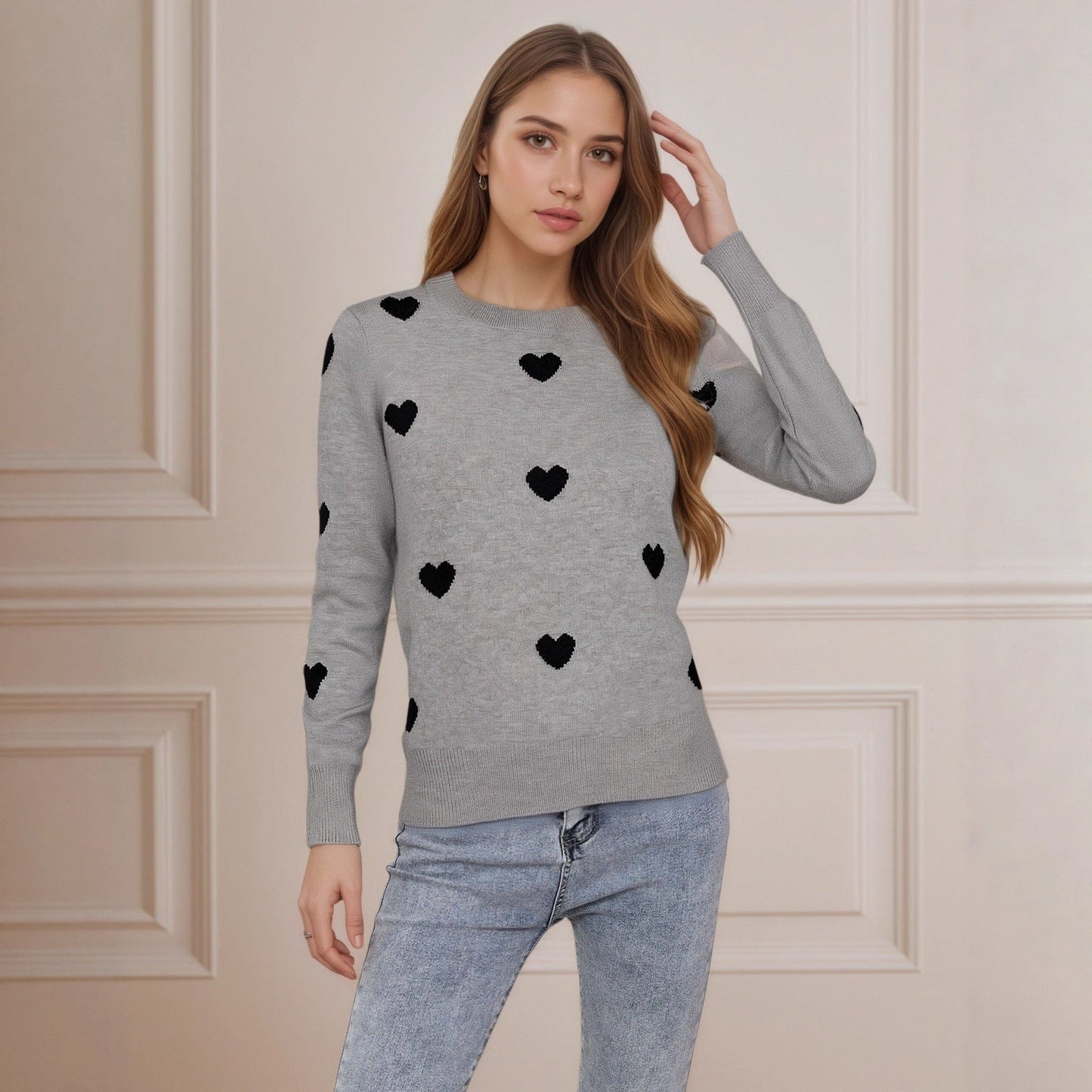 Damen Strickpullover Herz-Design Feinweiß