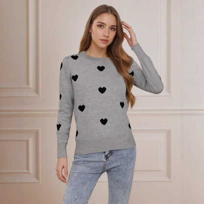 Damen Strickpullover Herz-Design Feinweiß